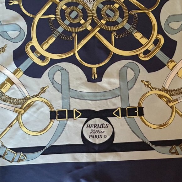 Vintage Hermes Pellier Paris Eperon d' Or Silk Scarf Blues with light Gray - Picture 10 of 16